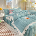 Axyaa Princess Seersucker Bedding Set - Queen Size Luxury Ruffle Lace Quilt Cover