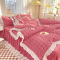 Axyaa Princess Seersucker Bedding Set - Queen Size Luxury Ruffle Lace Quilt Cover