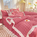 Axyaa Princess Seersucker Bedding Set - Queen Size Luxury Ruffle Lace Quilt Cover