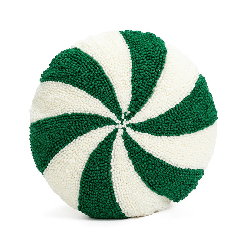 Axyaa Candy Cane Pinwheel Cushion - Green Red Gold - Kids Room Party Decor