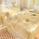 Axyaa Princess Seersucker Bedding Set - Queen Size Luxury Ruffle Lace Quilt Cover