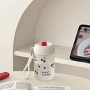 Axyaa 380ml Cherry Glass Water Bottle with Lid and Straw