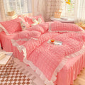 Axyaa Princess Seersucker Bedding Set - Queen Size Luxury Ruffle Lace Quilt Cover