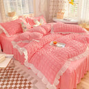 Axyaa Princess Seersucker Bedding Set - Queen Size Luxury Ruffle Lace Quilt Cover