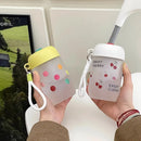 Axyaa Cherry Glass Water Bottle 380ml Cold Coffee Juice Tea Tumbler Straw Filter