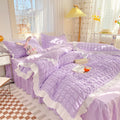 Axyaa Princess Seersucker Bedding Set - Queen Size Luxury Ruffle Lace Quilt Cover