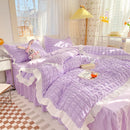 Axyaa Princess Seersucker Bedding Set - Queen Size Luxury Ruffle Lace Quilt Cover