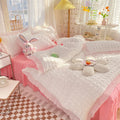 Axyaa Princess Seersucker Bedding Set - Queen Size Luxury Ruffle Lace Quilt Cover