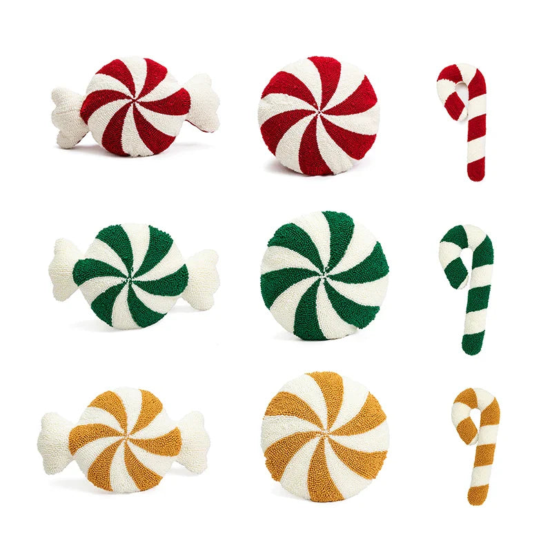 Axyaa Candy Cane Pinwheel Cushion - Green Red Gold - Kids Room Party Decor