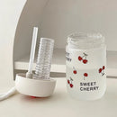 Axyaa 380ml Cherry Glass Water Bottle with Lid and Straw