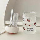 Axyaa Cherry Glass Water Bottle 380ml Cold Coffee Juice Tea Tumbler Straw Filter
