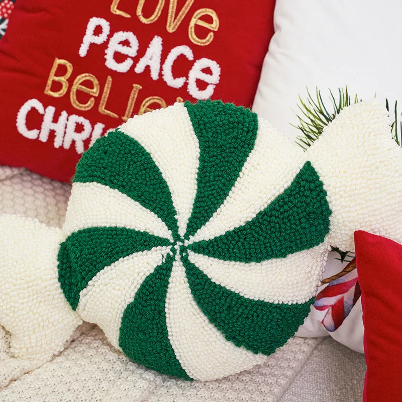 Axyaa Candy Cane Pinwheel Cushion - Green Red Gold - Kids Room Party Decor
