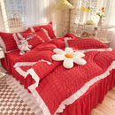 Axyaa Princess Seersucker Bedding Set - Queen Size Luxury Ruffle Lace Quilt Cover