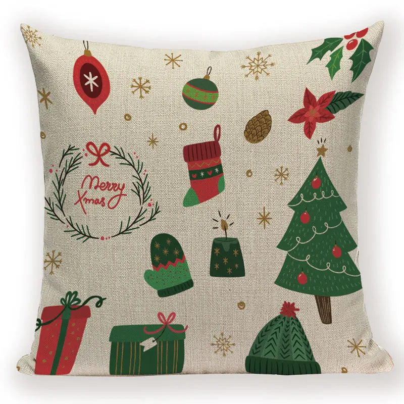 Axyaa Festive Santa Claus Christmas Tree Linen Throw Pillow Case