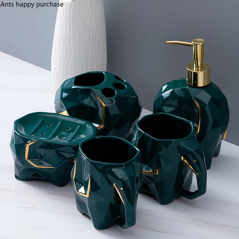 Axya Elephant Bathroom Set: Cup, Toothbrush Holder, Lotion Bottle, Soap Dish