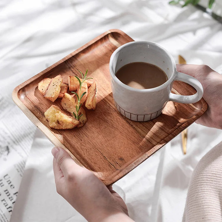 Axya Acacia Wood Breakfast Tray - Elegant Rectangular Wooden Plate for Coffee, Bread, Fruit & Cutlery