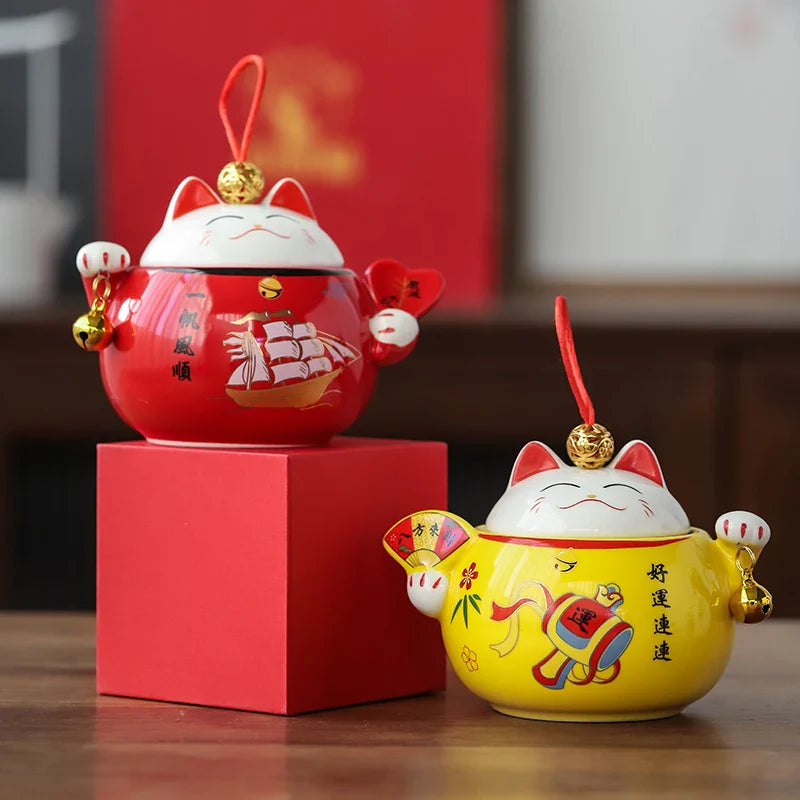 Axya™ Ceramic Lucky Cat Ornaments Tea Spice Jar Rustic Kawaii Room Decor
