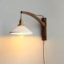 Axyaa Minimalist Walnut Wall Lamps with Retractable Arm & Pleat Lampshade