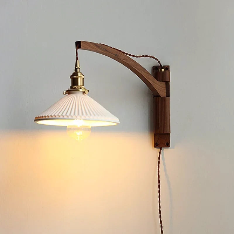 Axyaa Minimalist Walnut Wall Lamps with Retractable Arm & Pleat Lampshade