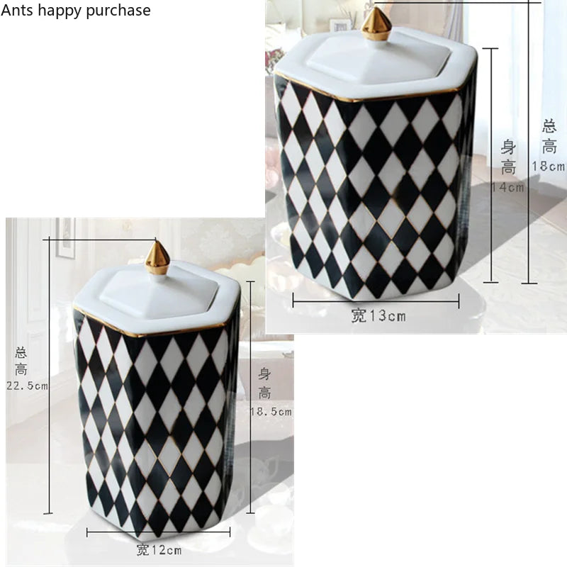 Axya Geometric Black & White Grid Ceramic Storage Jar with Cover