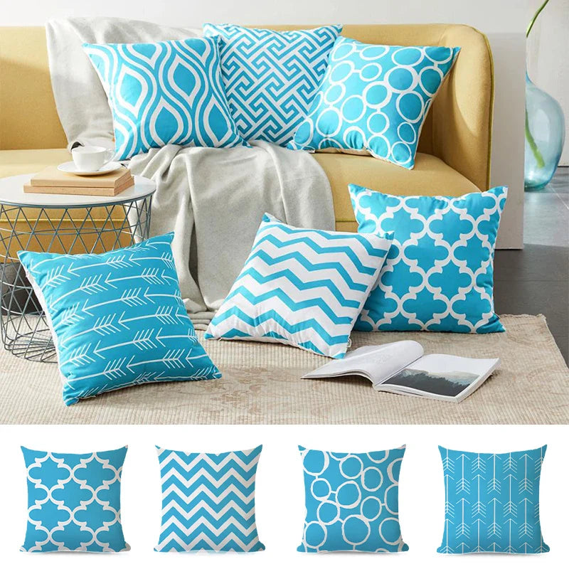 Axyaa Blue Geometric Cotton Linen Pillow Cover for Luxury Home Decor