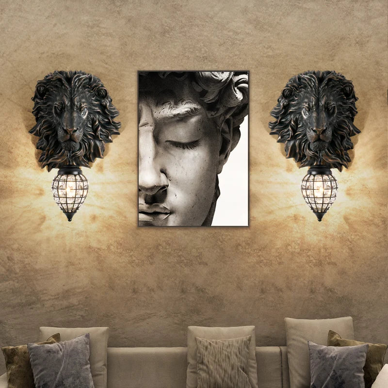 Axyaa Nordic Black Gold Lion Wall Sconce Head Resin Art Luxury Decor Lighting