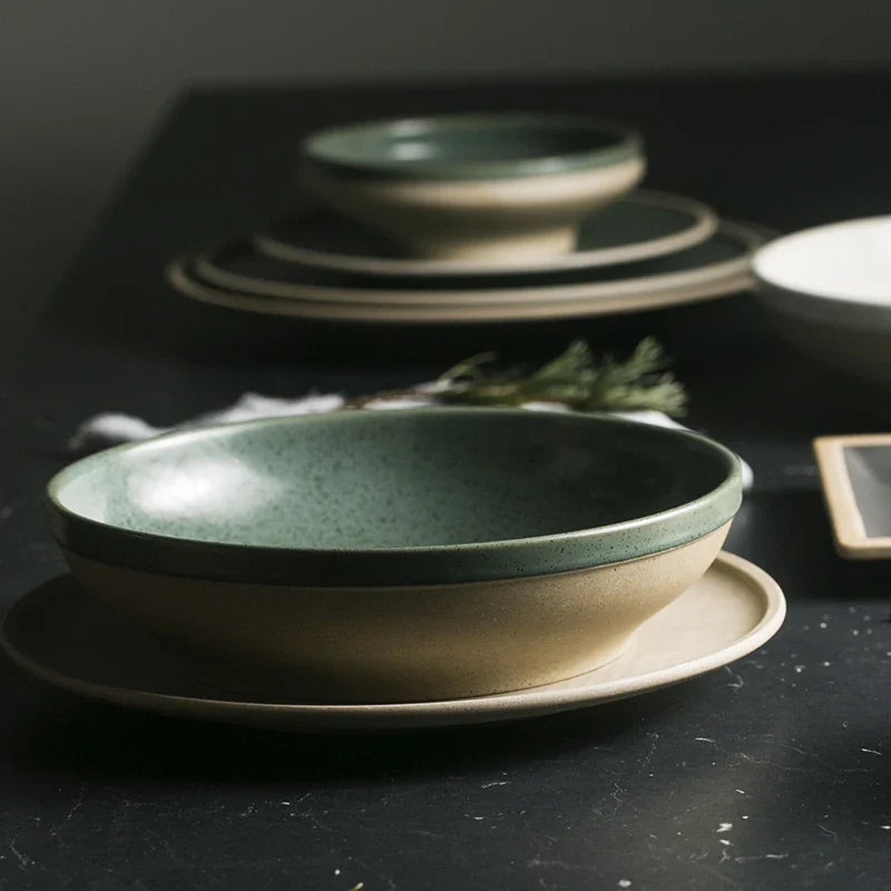 Axya Mint Ceramic Dinner Plate, Western Steak & Salad Bowl Set