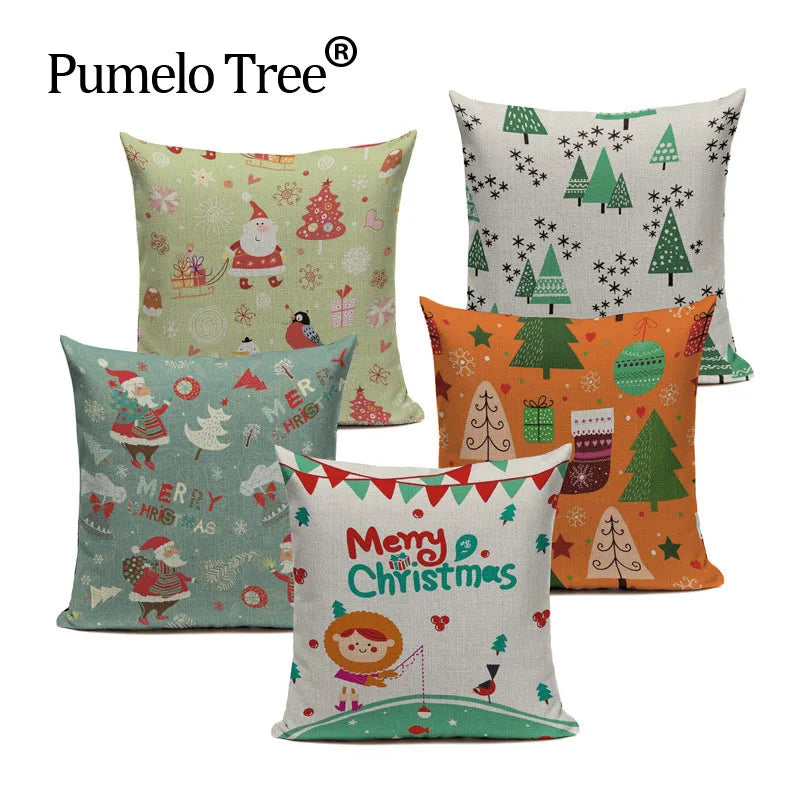 Axyaa Merry Christmas Decor Pillow Cover Set 45x45cm Linen Noel Cushion Cases