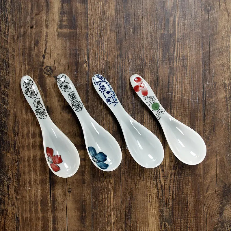 Axya Japanese-style Ceramic Spoon Set Blue Red Flower Soup Scoop Tableware