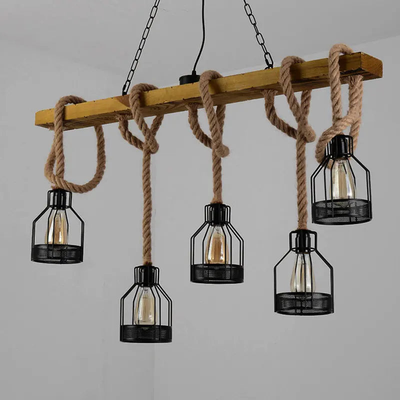 Axyaa Vintage Hemp Rope Wood Ceiling Chandelier Dining Room Pendant Lamp