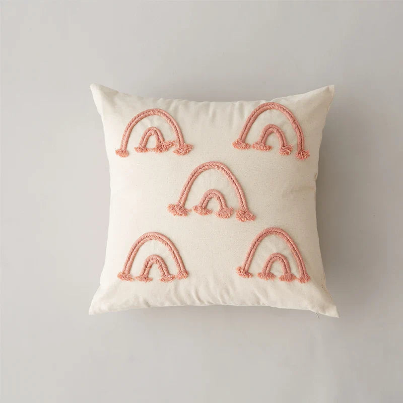 Rainbow Stripe Cushion Cover with Pink Rope Embroidery, 45x45cm, Axyaa