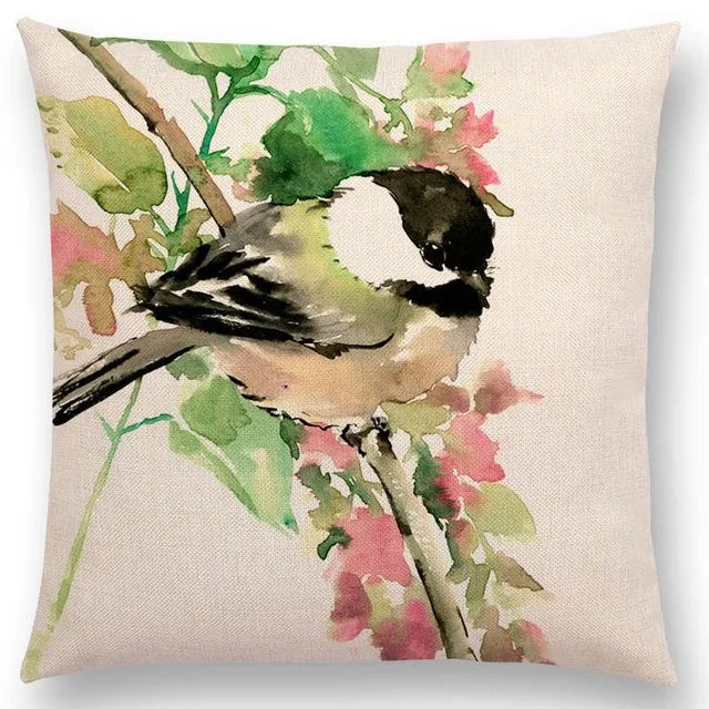 Axyaa Bird Watercolor Cotton Linen Cushion Cover- Hummingbird Goldfinch Chickadee Cardinal Kingfisher