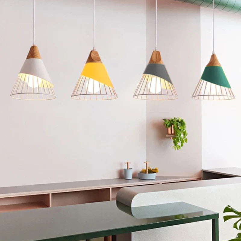 Axya Modern Wood Pendant Lights E27 Iron Hanging Lamp for Home Lighting Fixtures