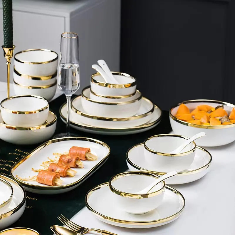 Axya Gold Rim White Porcelain Dinner Plate Bowl Set