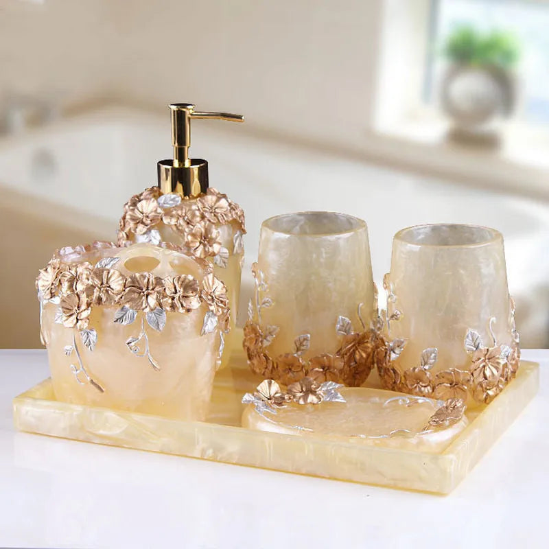Axya Resin Five-piece Bathroom Set - Elegant European Style Washbasin and Toothpaste Storage