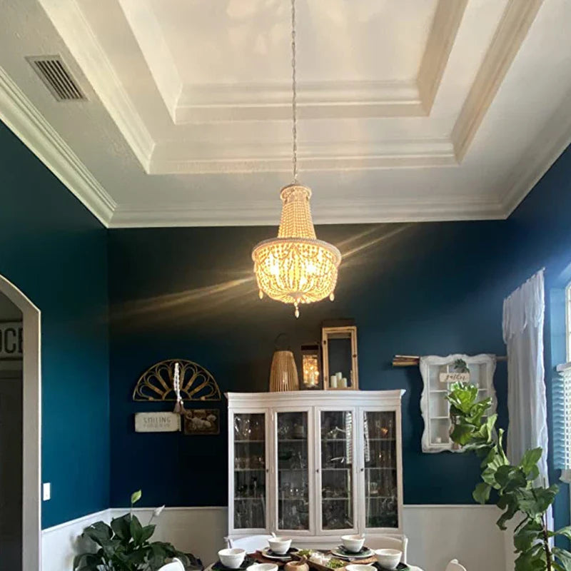 Axyaa Retro Grey Wood Beaded Chandelier 5-Light - Vintage White Wood - Kitchen, Living Room, Bedroom