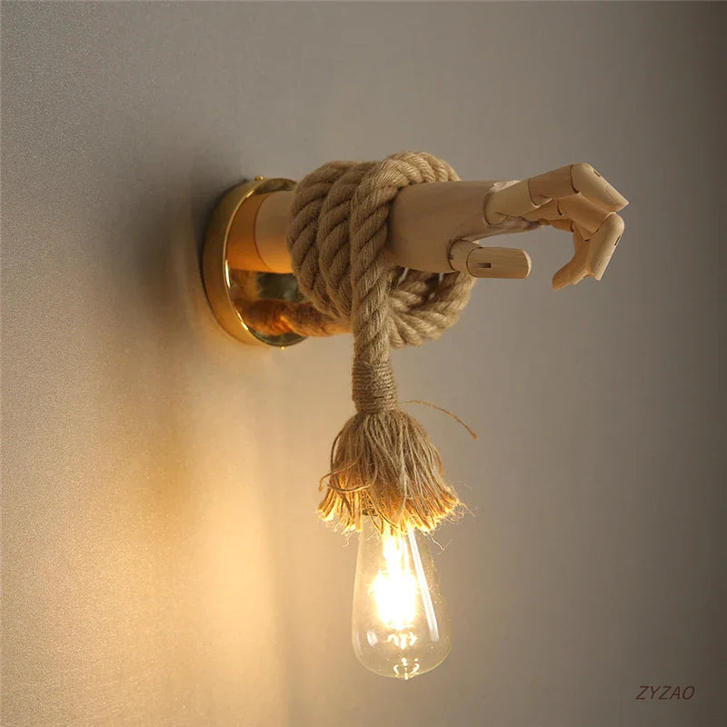 Axyaa Retro Hand Shape Wall Light Industrial Style Hemp Rope Wall Lamp