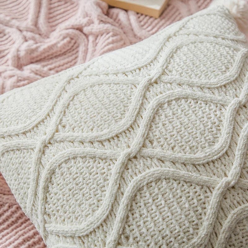 Axyaa Chenille Knit Cushion Cover 45x45cm With PomPom Ball - Pink/Grey/Cream - Home Decor Pillow Case