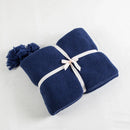 Axyaa Royal Blue Knit Throw Blanket with PomPom Tassels - 50"x62"