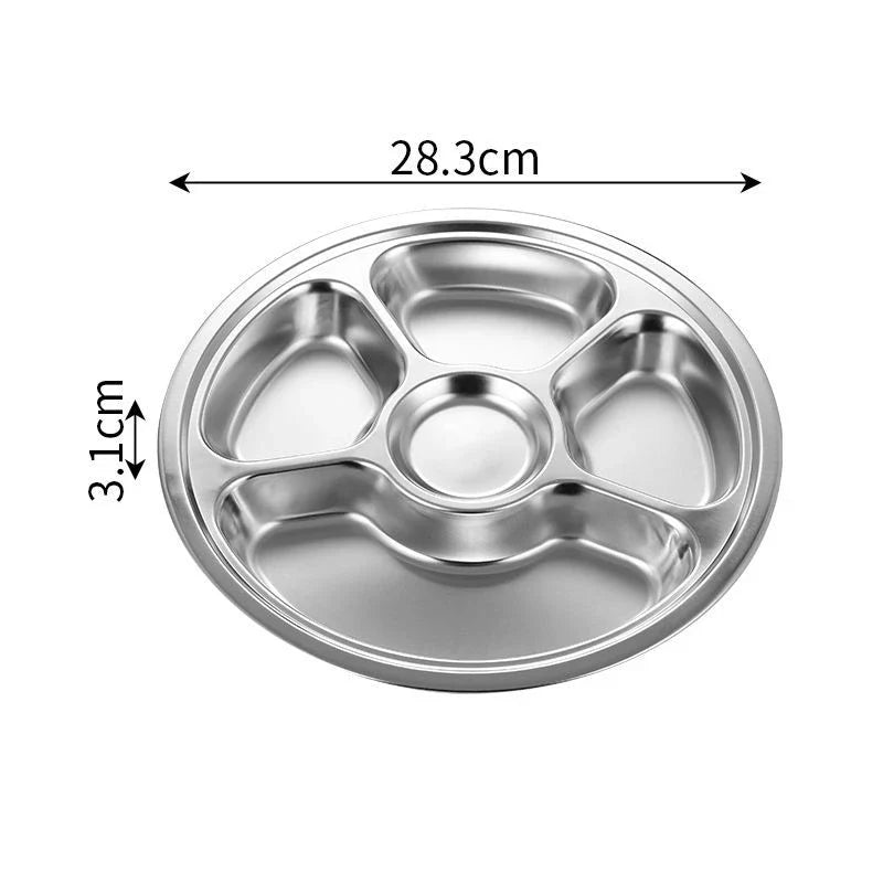 Axyaa Stainless Steel Divided Round Serving Tray Dinner Plates Canteen Lunch Dishes