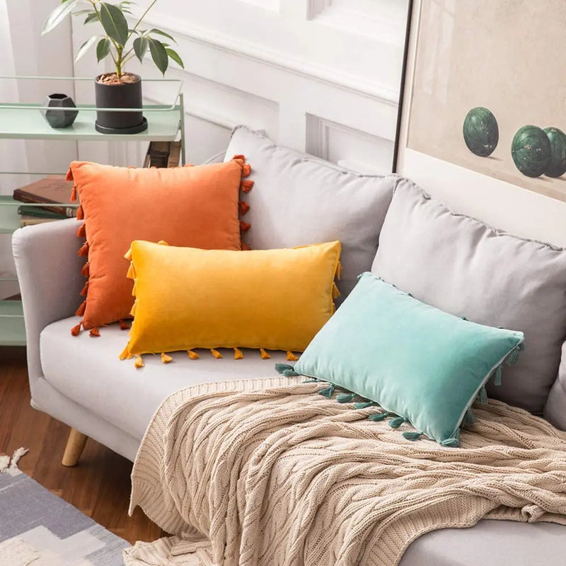 Velvet Tassel Throw Pillow Cover for Couch & Sofa - Axyaa Branded Luxe Accent Cushions
