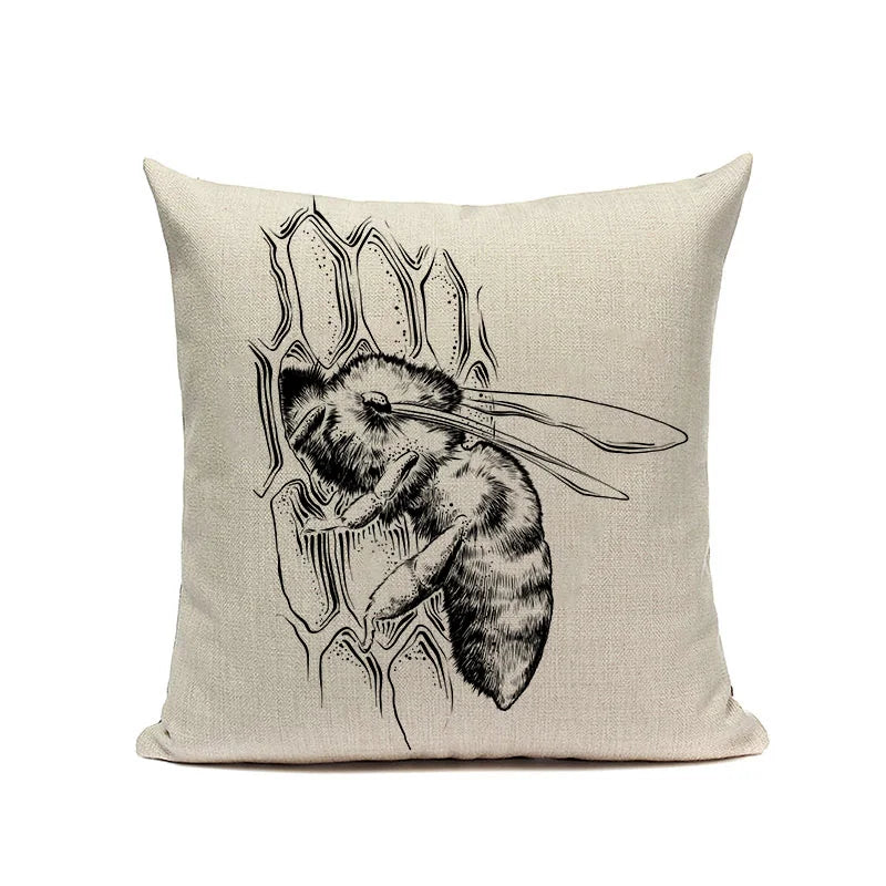 Axyaa Bee Pattern Linen Cushion Cover - Nordic Decorative Throw Pillow Case