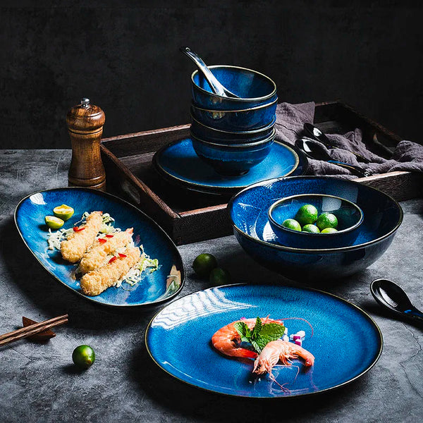 Axya Japanese Blue Kiln Glazed Ceramic Tableware Set Rice Bowl Plate Spoon