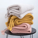Axyaa Ivory Pink Knit Throw Blanket with Tassels