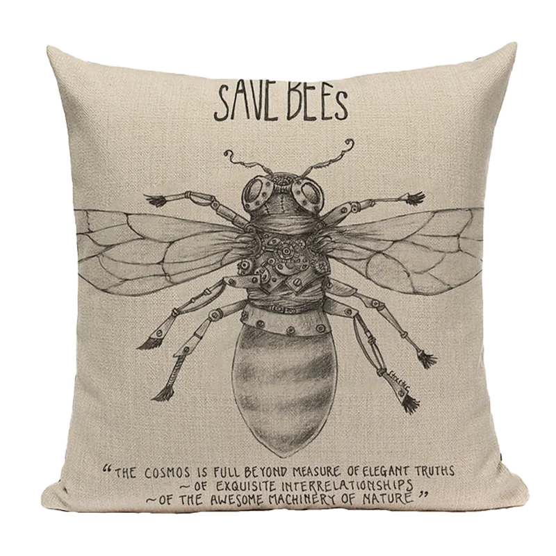 Axyaa Bee Pattern Linen Cushion Cover - Nordic Decorative Throw Pillow Case