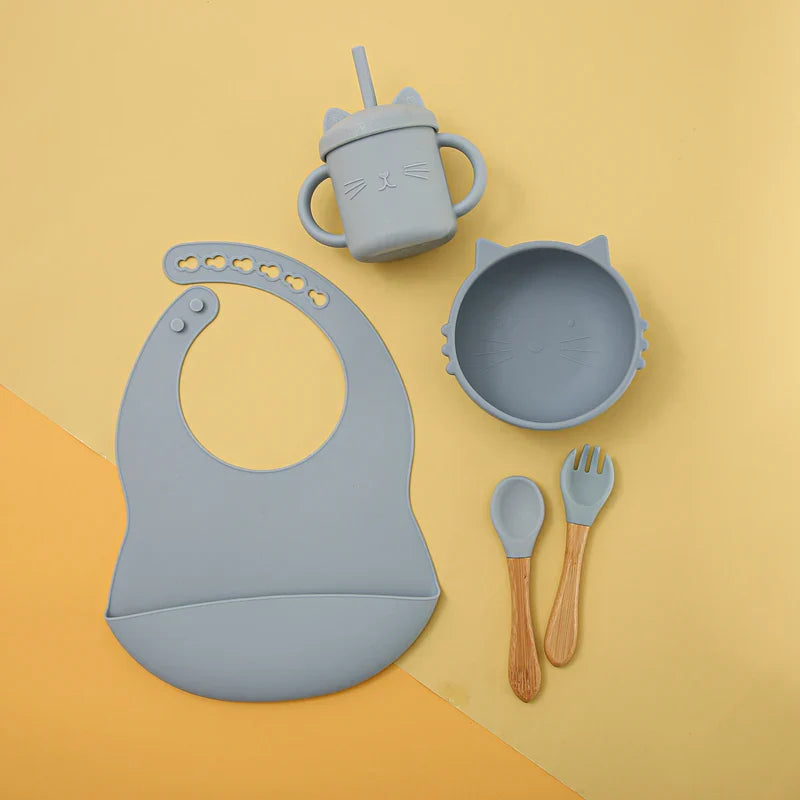 Axya Silicone Baby Tableware Set - Cartoon Cat Design, Anti-Slip, BPA Free