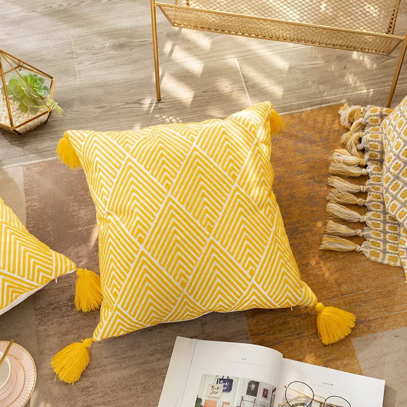 Yellow Geometric Embroidered Cotton Cushion Cover by Axyaa