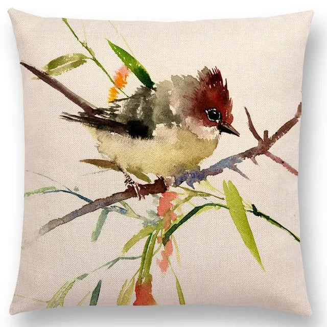 Axyaa Bird Watercolor Cotton Linen Cushion Cover- Hummingbird Goldfinch Chickadee Cardinal Kingfisher