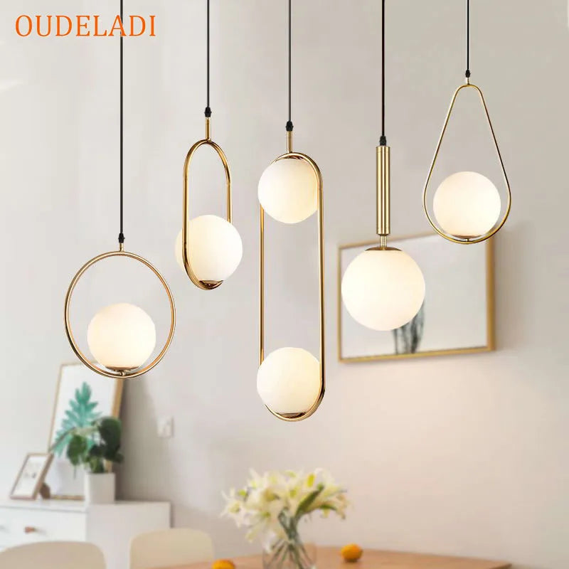 Nordic Glass Ball Pendant Lights Axya Vintage Hoop Gold LED Hanging Lamp