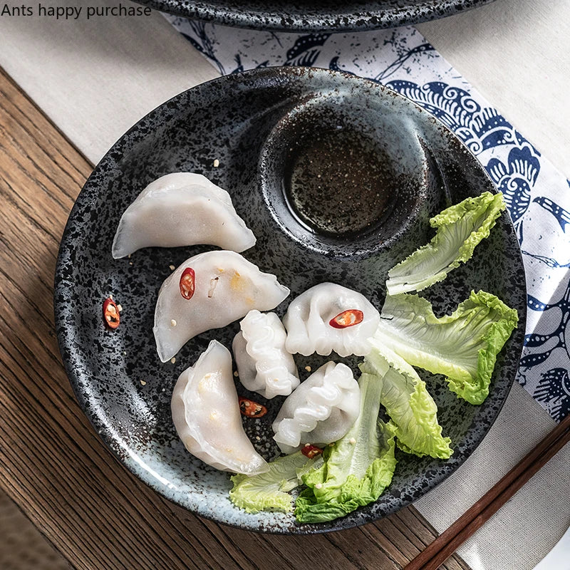 Axya Ceramic Dumpling Plate with Sauce Compartment - Restaurant Quality